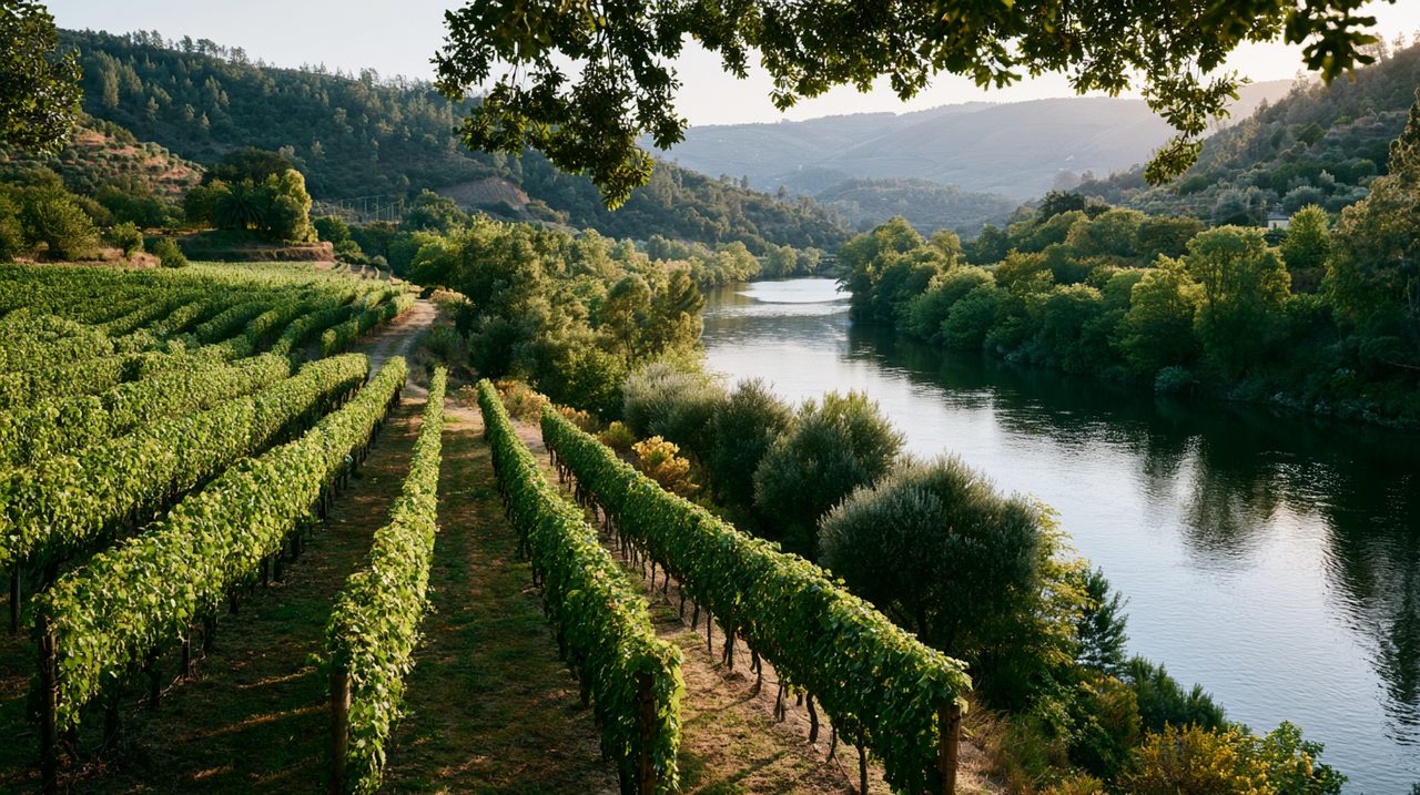 Green vineyard rows on a hillside above a river