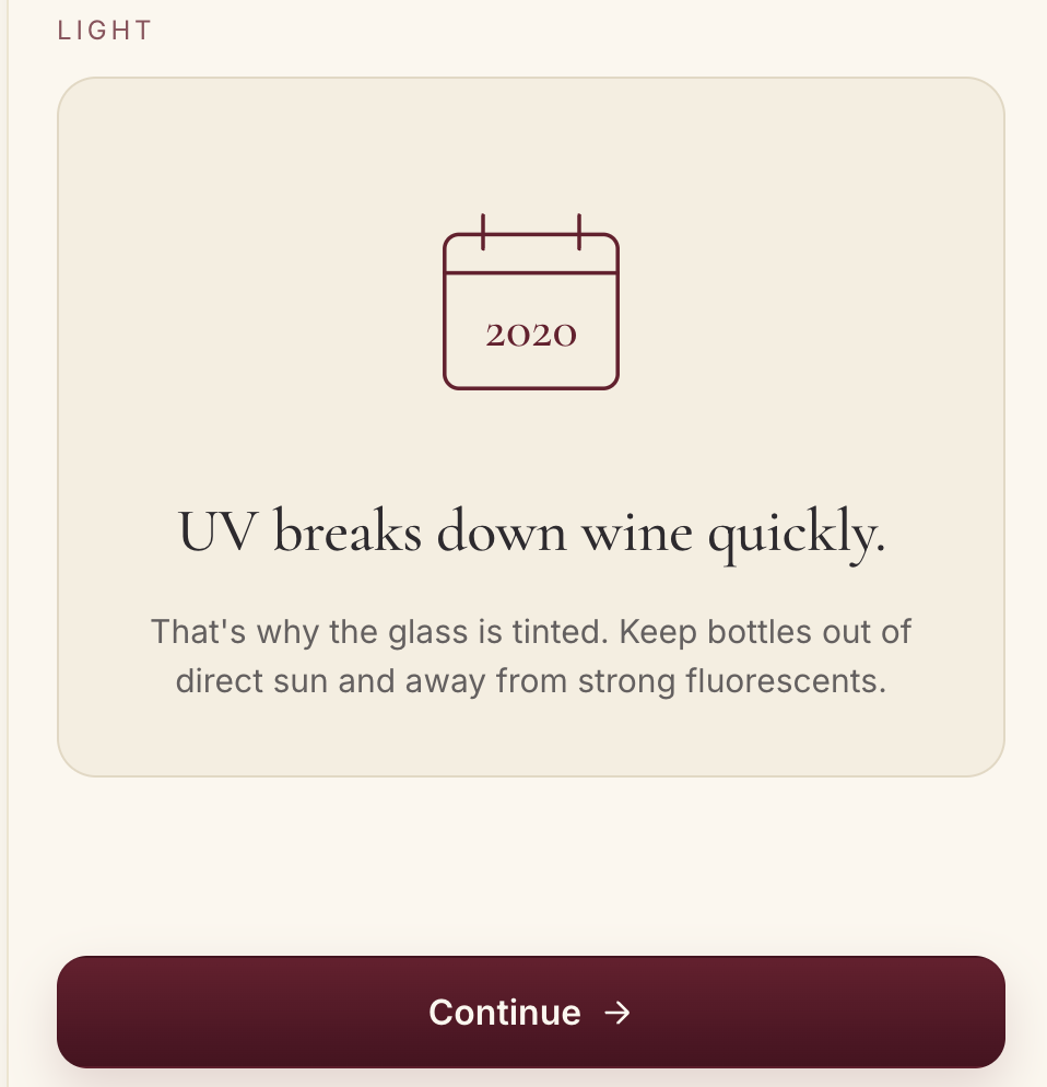 A Grape Atlas card explaining why wine bottles are tinted
